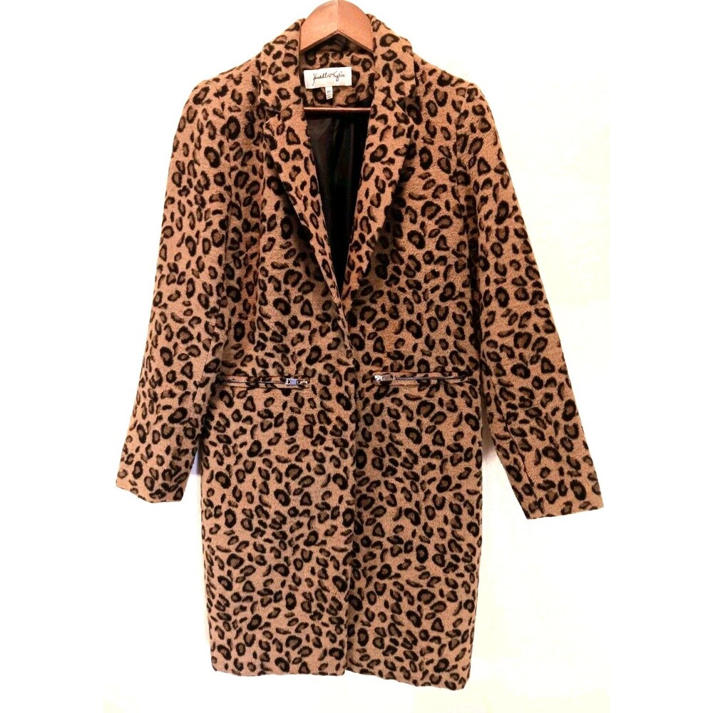 Kendall + Kylie Leopard Print Faux Fur Coat Size M Zip Pockets & Notched Collar
